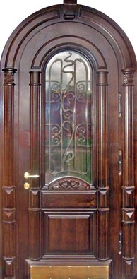 Арочная металлическая дверь массив со стеклом и ковкой ДА-50 в Волгограде
