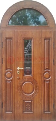 Двустворчатая железная дверь МДФ со стеклом в форме арки ДА-52 в Волгограде