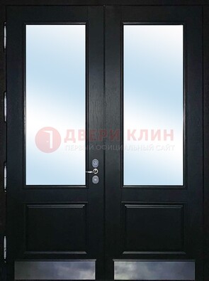 Черная двухстворчатая металлическая дверь со стеклом ДС-25 в Волгограде