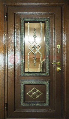Теплая входная дверь со стеклом и ковкой разноцветной ДСК-13 в Волгограде