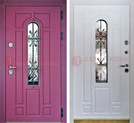 Розовая металлическая дверь со стеклом и ковкой ДСК-151 в Волгограде