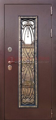 Коричневая стальная дверь порошок со стеклом и ковкой для дома ДСК-169 в Волоколамске