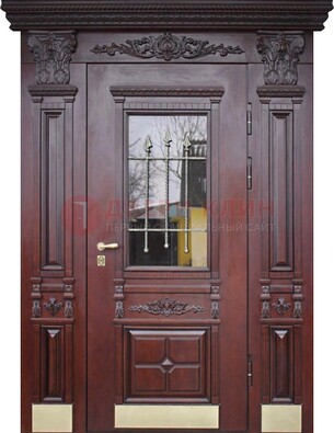 Железная парадная дверь массив дуба со стеклом и ковкой ДСК-175 в Волгограде