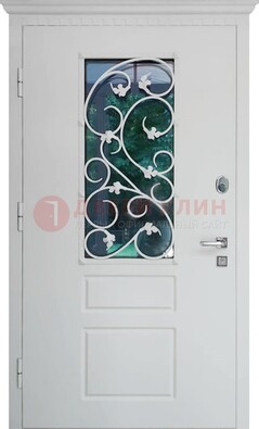 Белая металлическая дверь винорит со стеклом и ковкой ДСК-184 в Волгограде