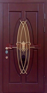 Бордовая стальная дверь Винорит со стеклом и ковкой ДСК-263 в Волгограде