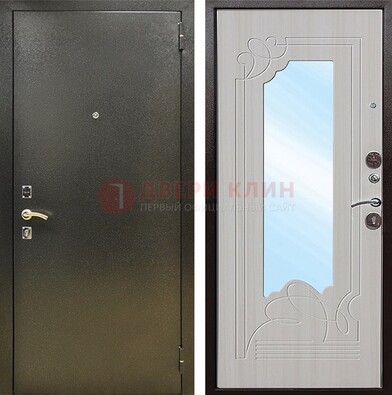 Входная темно-серая дверь c порошковым покрытием и МДФ с резьбой и зеркалом ДЗ-113 в Волгограде