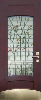 Бордовая стальная дверь с витражом и декоративным элементом ВЖ-3 в Волгограде
